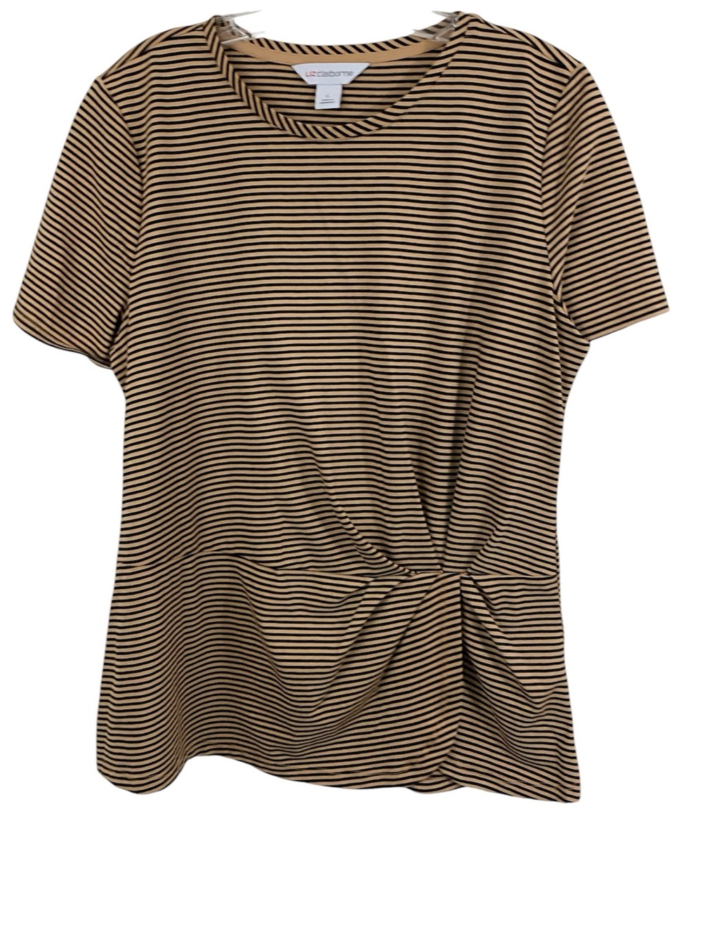 Liz Claiborne Twist Front Striped Top Size L Tan Black Retro Boho Minimalist